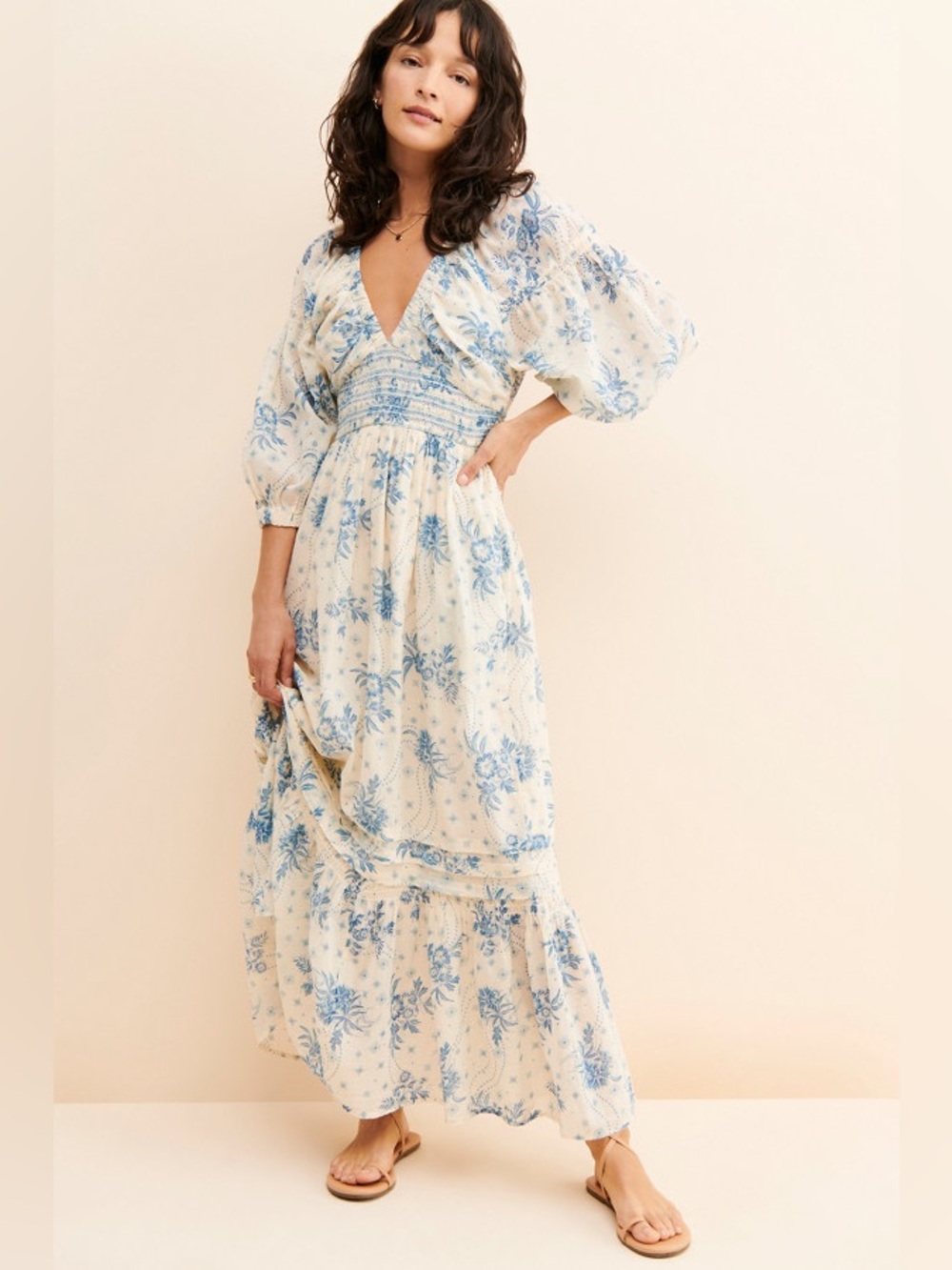 Free People Golden Hour Maxi Dress Blue Ivory Smocked Floral Maxi Dress Size S